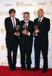 Stewart Lee, with Tim Kirkby and Richard Webb, wins the Bafta for Best Comedy Programme in 2012. Photo: Tim Whitby/Getty